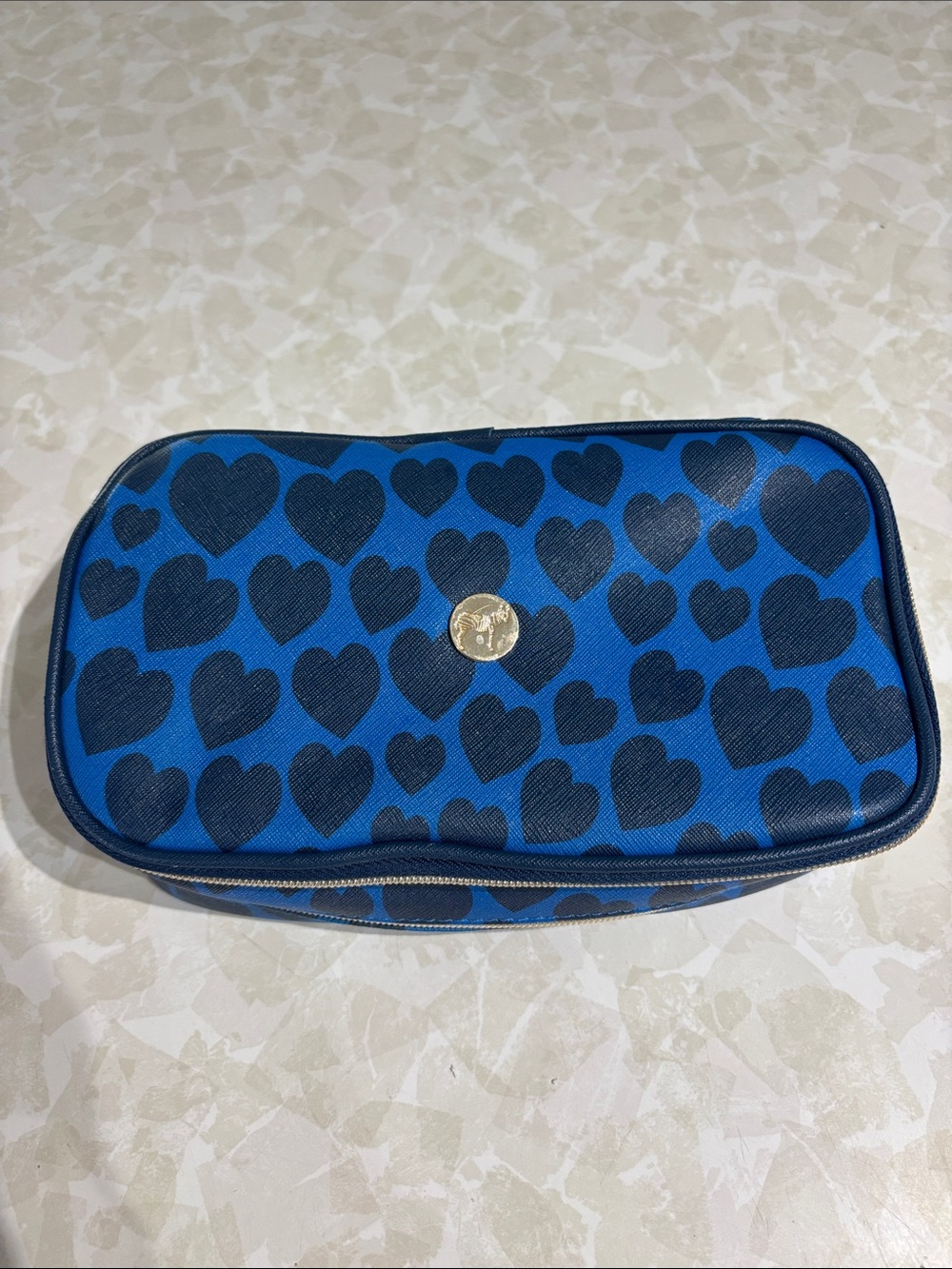 Dabney Lee Multiple Compartment Blue Cosmetic Pouch with Navy Heart Print